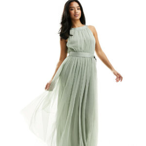 Anaya Petite Bridesmaids halter neck maxi dress in sage-Green