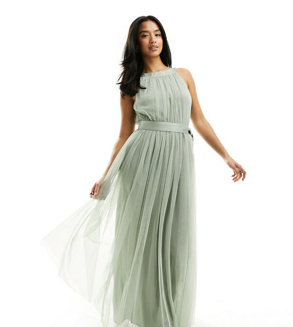 Anaya Petite Bridesmaids halter neck maxi dress in sage-Green