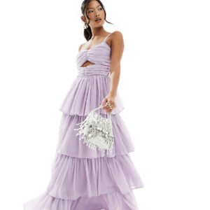 Anaya Petite Bridesmaids tiered maxi dress with cut out in lavender-Purple