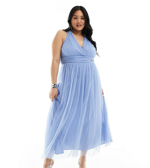 Anaya Plus wrap front open back midaxi dress in soft blue