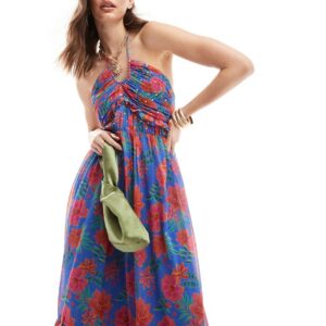 Anaya halter neck ruffle midaxi dress in tropical floral-Blue