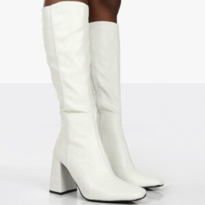 Apology White Pu Knee High Block Heel Boots