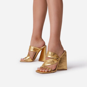 Aries Ruffle Detail Square Toe Sculptured Flared Block Heel Mule In Gold Faux Leather, Gold