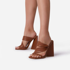 Aries Ruffle Detail Square Toe Sculptured Flared Block Heel Mule In Tan Brown Faux Leather, Brown