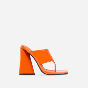 Augustine Square Toe Sculptured Flared Block Heel Mule In Orange Patent, Orange