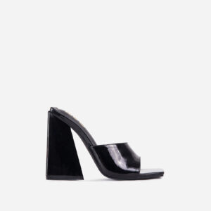 Avalon Square Peep Toe Sculptured Flared Block Heel Mule In Black Patent, Black