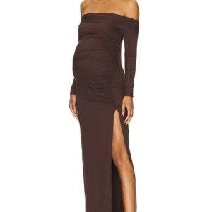 BUMPSUIT Off The Shoulder Evening Dress in Chocolate. Size L, M, XS.