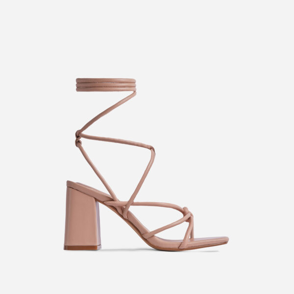 Ballerine Knotted Strappy Detail Lace Up Square Toe Block Heel In Nude Faux Leather, Nude