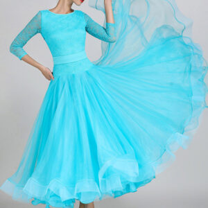 Ballroom Dance Costumes Light Sky Blue Women's Sexy Jewel Neck Polyester Dress Tiered Lace Layered Dance Dress