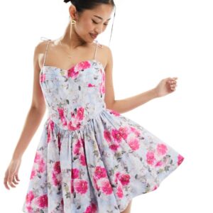 Bardot bandeau corset mini dress in blue and pink floral