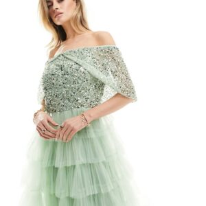 Beauut Bridesmaid embellished off shoulder tiered maxi dress in sage green