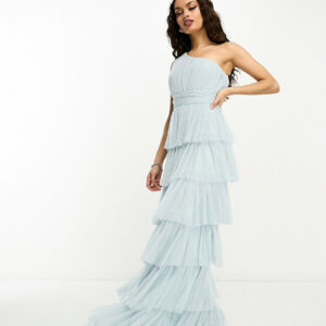 Beauut Petite Bridesmaid one shoulder tiered maxi dress in ice blue