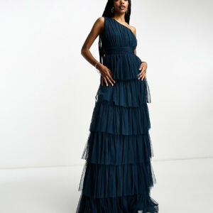 Beauut Tall Bridesmaid one shoulder tiered maxi dress in navy