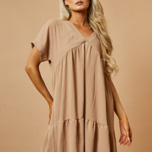 Beige V-Neck Tiered Frill Mini Dress - Kate - One Size