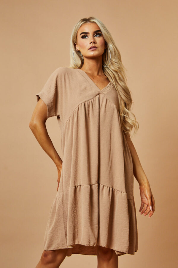 Beige V-Neck Tiered Frill Mini Dress - Kate - One Size