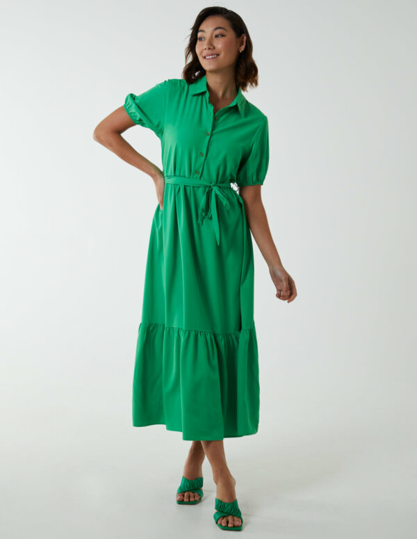 Belted Tiered Midi Dress - 10 / GREEN