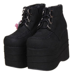 Black Micro Suede Lolita High Platform Shoes Lace Up