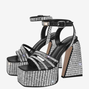 Black Party Shoes Rhinestones Block Heel Platform Anle Strap High Heel Sandals