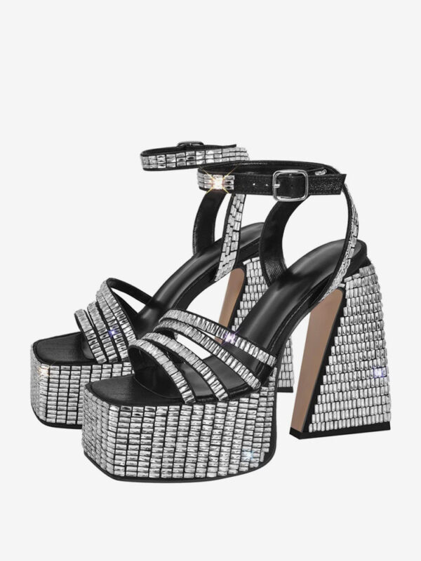 Black Party Shoes Rhinestones Block Heel Platform Anle Strap High Heel Sandals