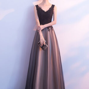 Black Prom Dresses Long V Neck Lace Tulle Sleeveless A Lien Floor Length Formal Evening Dress