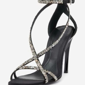 Black Prom Shoes Women High Heel Rhinestones Strappy Sandals