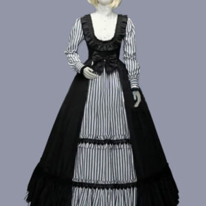 Black Retro Costumes Ruffles Polyester Stripes Dress Women's Retro Tunic Marie Antoinette Costume Vintage Clothing