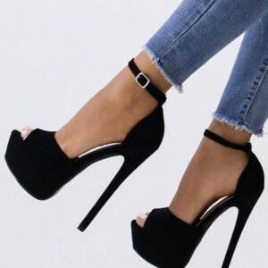 Black Sexy Sandals Suede Peep Toe Platform Ankle Strap High Heel Sandals For Women