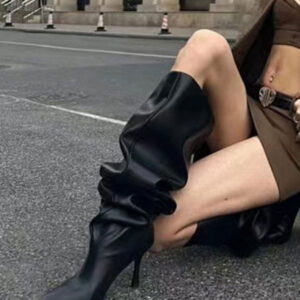 Black Slouch Boots High Heel Pointed Toe Mid Calf Boots