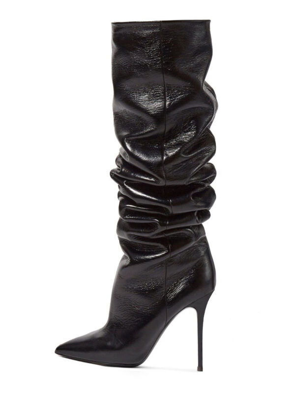 Black Slouch Boots Pointed Toe Stiletto Heel Mid Calf Boots For Women