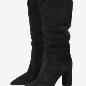 Black Suede Slouch Boots Pointed Toe Chunky Heel Mid Calf Boots