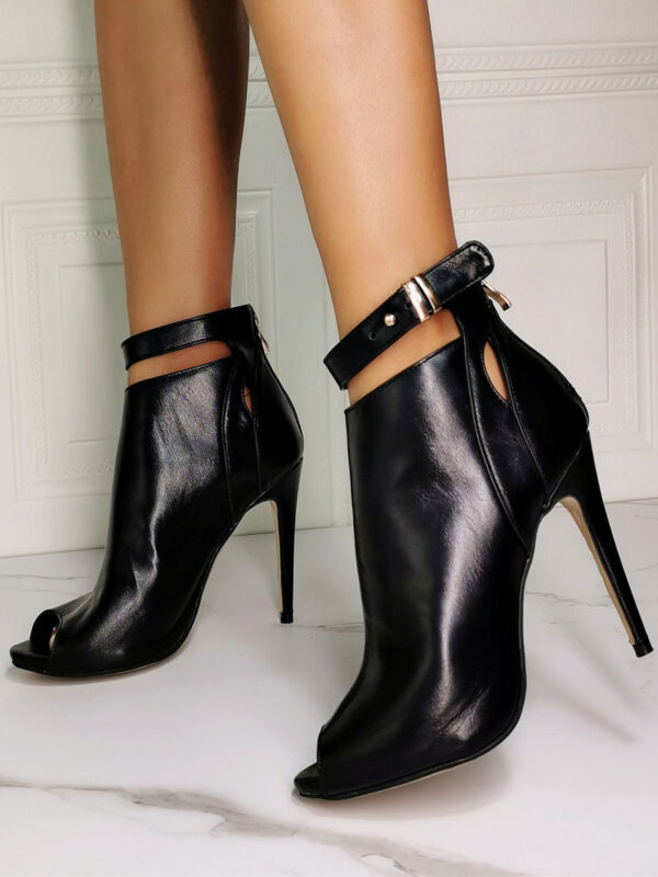 Black Summer Boots Peep Toe Stiletto Heel PU Leather Ankle Strap Heel Booties