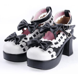 Black White Lolita Chunky Heels Shoes Platform White Trim Bows Ankle Strap