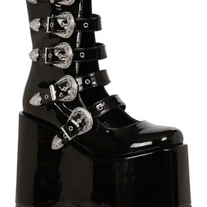 Black Women's Platform Buckle Strap Boots | Adult Fancy Dress Costume Shoes