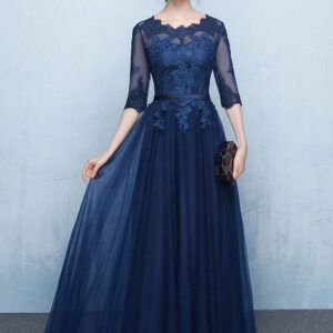 Blue Prom Dress 2024 Long Lace Applique Evening Dress Tulle Dark Navy Sash Floor Length Party Dress wedding guest dress