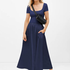 Blue Summer Dress Square Neck Backless Summer Casual Maxi Dresses