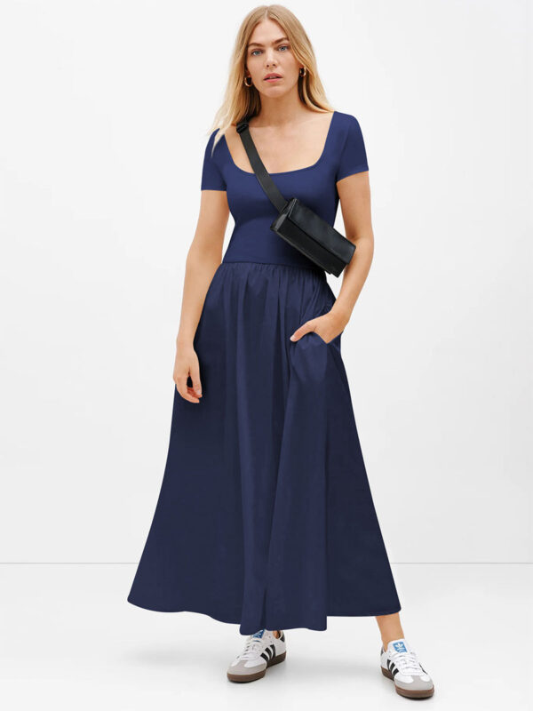 Blue Summer Dress Square Neck Backless Summer Casual Maxi Dresses