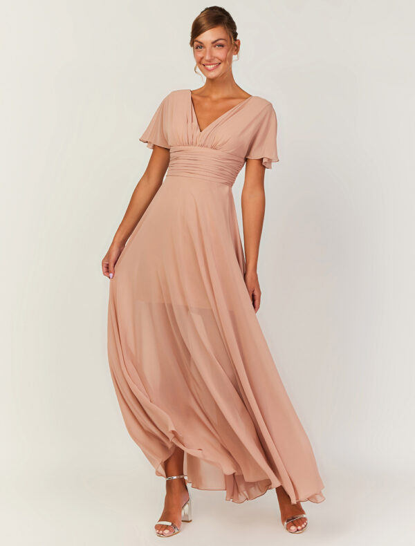 Blush Pink Bridesmaid Dresses V-Neck Backless A-Line Chiffon Wedding Party Maxi Dress