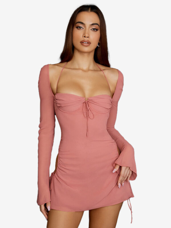 Bodycon Dresses Backless Halter Pleated Front Sexy Mini Pencil Dresses