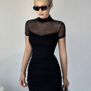 Bodycon Dresses Black Short Sleeves Sexy High Collar Sheer Sheath Dress