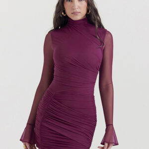 Bodycon Dresses Burgundy Long Sleeves Pleated Casual High Collar Sheath Dress Sheath Dress