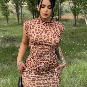 Bodycon Dresses Coffee Brown Leopard Print Sleeveless Casual Jewel Neck Slim Fit Dress Sheath Dress