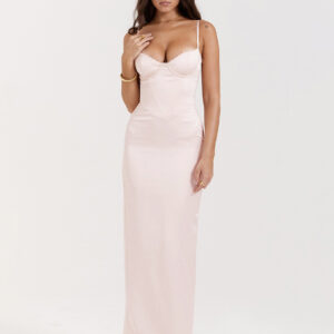 Bodycon Dresses Light Pink Sleeveless Ruffles Elegant Straps Neck Low-slit Body-conscious Dress Sheath Dress