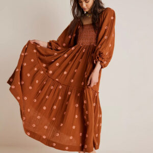 Boho Dress Embroidered Square Neck Long Sleeves Backless Summer Dress