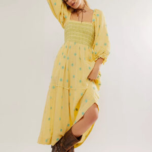 Boho Dress Square Neck Long Sleeves Backless Embroidered Summer Dress