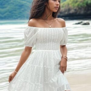 Boho Dress Strapless Bateau Neck Short Sleeves Layered Beach Dress