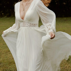 Boho Wedding Dress Chiffon Lace A-Line Sweep Natural Waist Backless Long Sleeves V-Neck Ivory