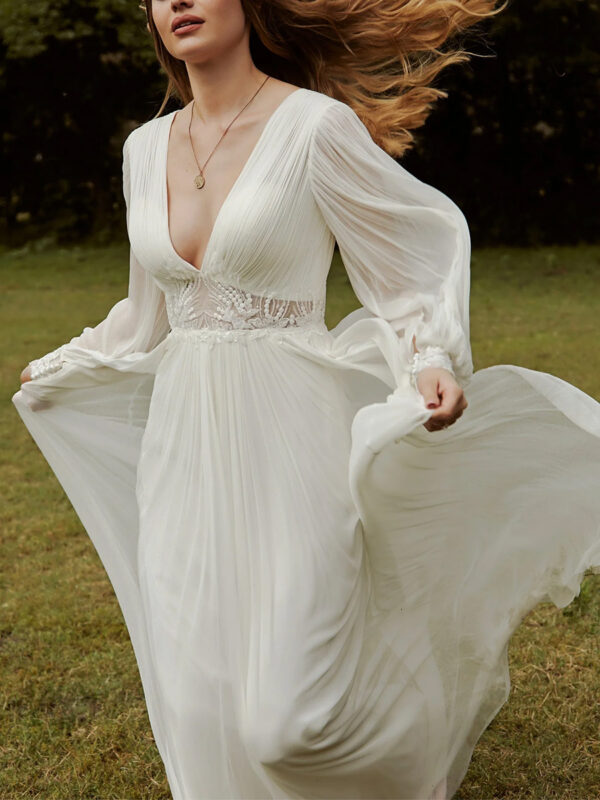 Boho Wedding Dress Chiffon Lace A-Line Sweep Natural Waist Backless Long Sleeves V-Neck Ivory