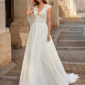 Boho Wedding Dress Chiffon Lace A-Line Sweep Natural Waist Backless Sleeveless V-Neck Ivory