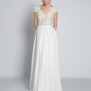 Boho Wedding Dress Chiffon Lace A-Line With Train Natural Waist Backless Short Sleeves V-Neck Ivory