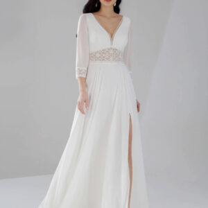 Boho Wedding Dress Chiffon Split Front A-Line With Train Natural Waist Backless 3/4 Length Sleeves V-Neck Ivory